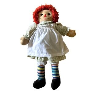 Vintage 70s Raggedy Ann Cloth Doll Red Yarn Hair Button Eyes Apron Dress